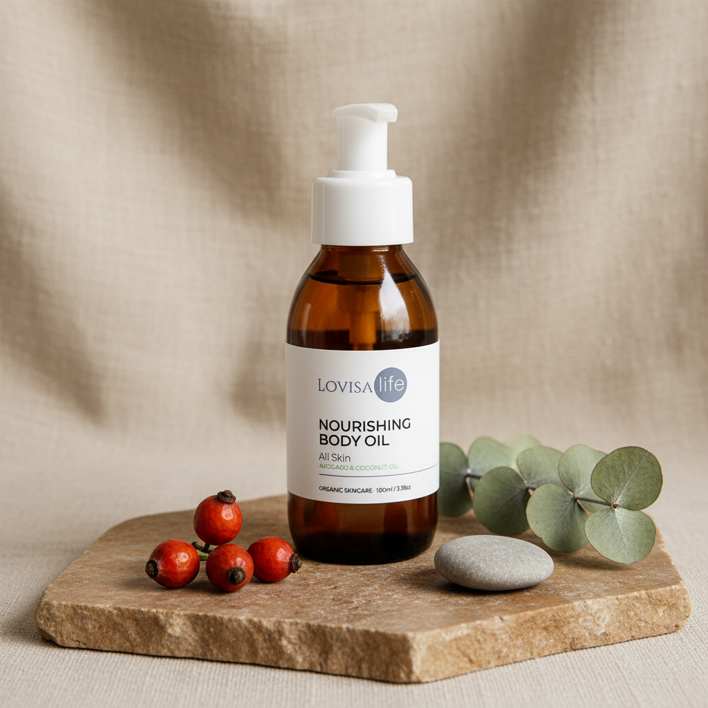 Lovisalife Nourishing Body Oil – Styled Product Shot